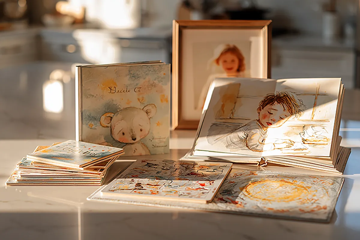 A children's book, a personalized puzzle, and a personalized placemat arranged on a kitchen table — the breadth of one company's offering. Beside them, a single open storybook with an illustration of a child who clearly resembles the real child in a framed photo behind it — the depth of another. Warm morning light, watercolor illustration style, sage and amber tones. The composition is about range versus focus.