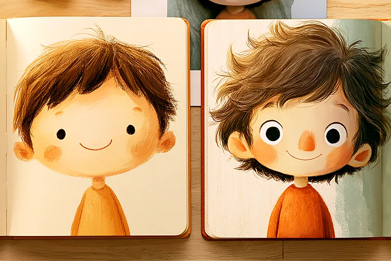 Two open children's storybooks side by side on a wooden surface. Both are colorful and illustrated. The one on the left shows a cheerful, clearly template-style illustrated child — nicely drawn but recognizably generic. The one on the right shows an illustrated character with unmistakably specific features matching a photo visible in the background. Both books are attractive. The difference is in the specificity. Warm morning light, painterly style, cream and sage tones.