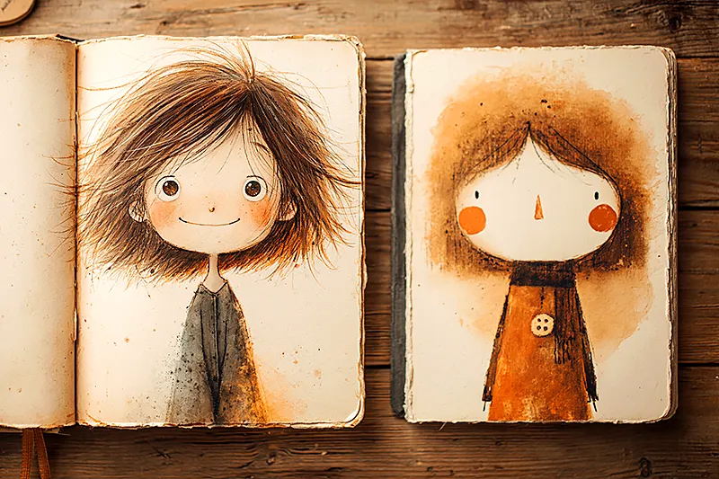 Two illustrated children's storybooks open side by side on a wooden table. Both show vivid illustrations, but one has a character clearly generated from a real child's photo — specific face, particular features — while the other has a more generic illustrated character. Warm natural light, clean composition. Watercolor illustration style, cream and amber tones. The comparison is visual without being labelled — the specificity of one versus the generality of the other tells the story.