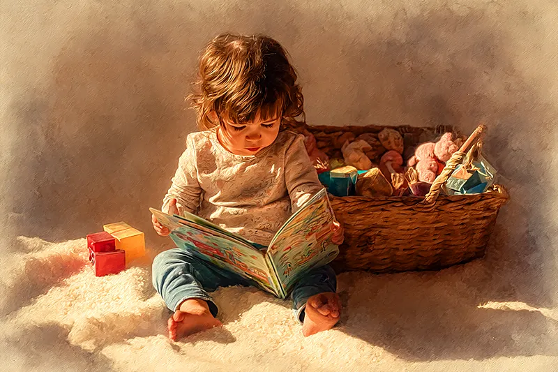 A toddler sitting on a soft rug in warm morning light, holding a colorful storybook open on their lap with both hands. Their face shows wonder and concentration. Behind them, a basket of untouched plastic toys sits in soft shadow. Watercolor illustration style, tender and intimate, warm golden tones.