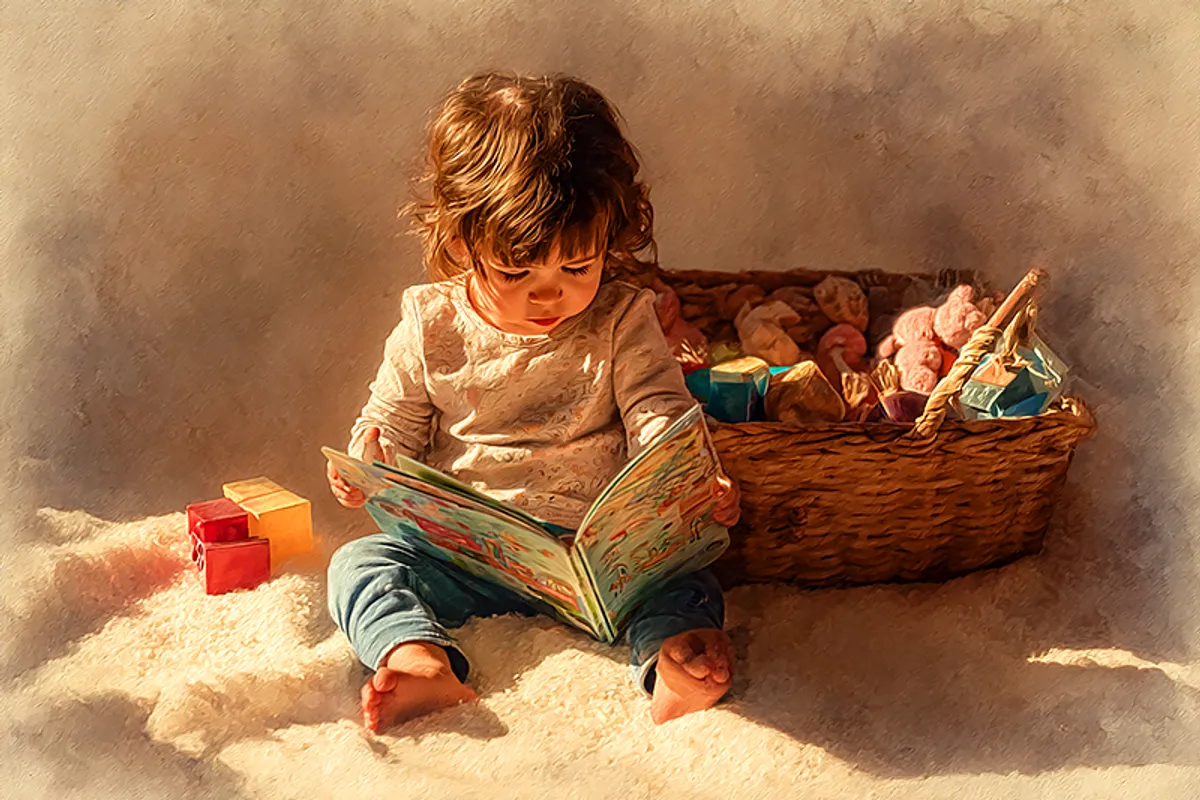 A toddler sitting on a soft rug in warm morning light, holding a colorful storybook open on their lap with both hands. Their face shows wonder and concentration. Behind them, a basket of untouched plastic toys sits in soft shadow. Watercolor illustration style, tender and intimate, warm golden tones.