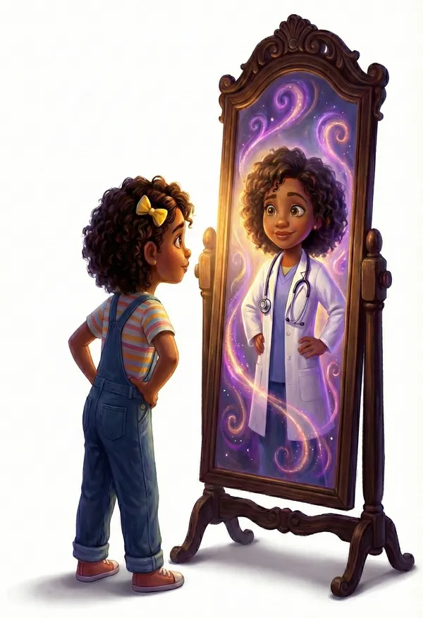 Child looking in mirror and seeing themselves as a doctor — illustrating how personalized stories help children envision their potential