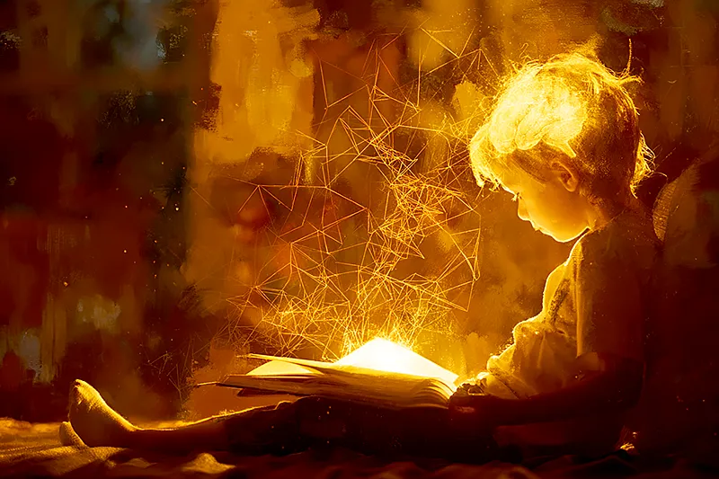A child's profile illuminated by warm light from an open storybook in their lap. Subtle, translucent traces of neural connections reach from the book's illustrations toward the child's mind, suggesting invisible connection between story and brain. Painterly, warm amber and gold tones, scientifically evocative but emotionally intimate. Not clinical. The feeling of a quiet moment where something unseen is happening inside a small head.