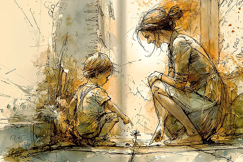 A mother crouching down to her young child's height on a sidewalk, both of them looking at something small on the ground — a bug, a flower, a crack in the pavement. The child is pointing. The mother is fully present, genuinely interested, not performing patience. Golden morning light. The child's hand is small in the frame. The mood is not sentimental in a posed way — it's the feeling of a completely ordinary moment that will later seem precious. Watercolor illustration style in cream, sage, and warm amber.