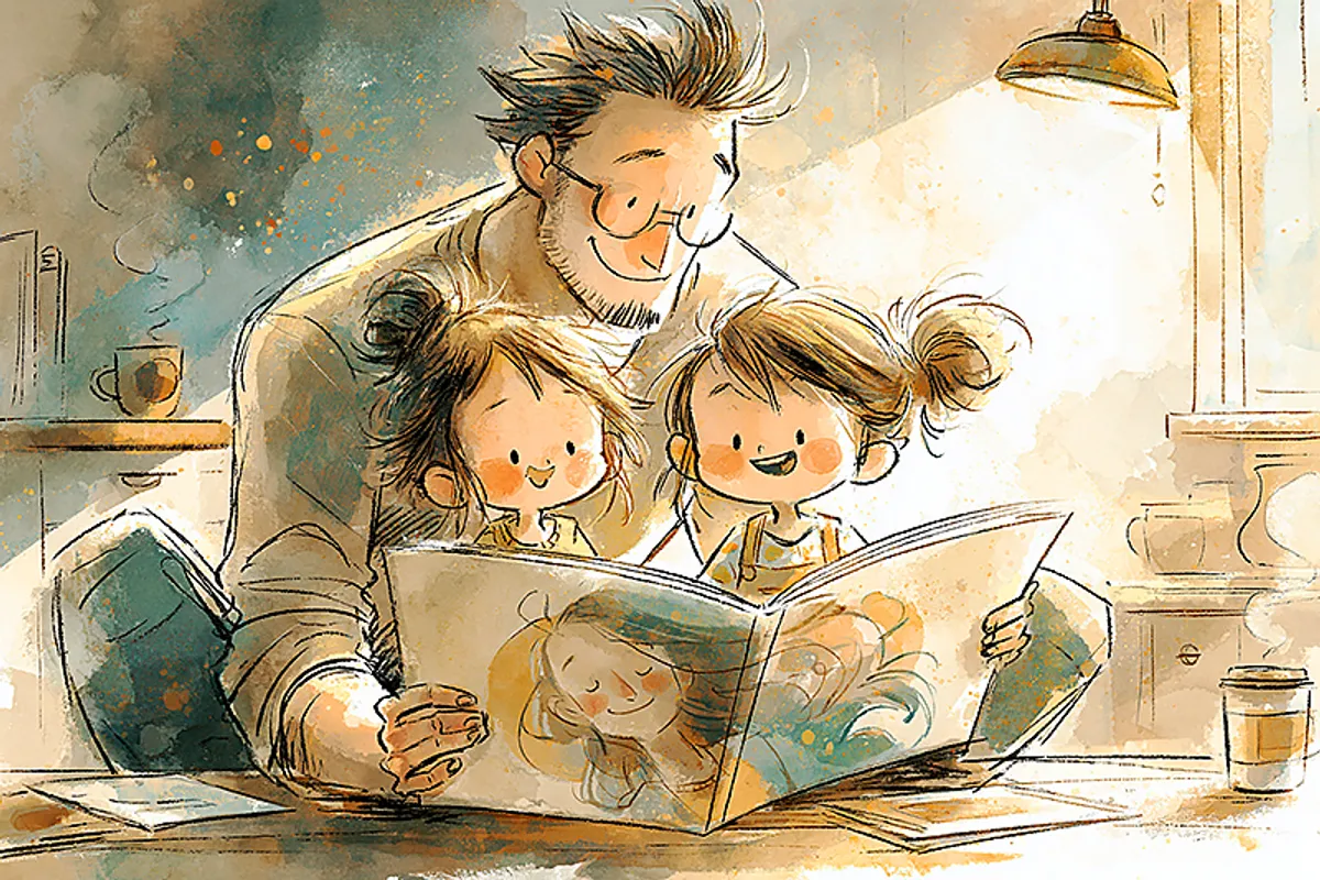 A father kneeling beside two young children, ages around four and seven, who are excitedly looking at a large illustrated storybook. The book's cover shows a character who is clearly their mother — same hair colour, same warm expression, same look the children recognise. The setting is a kitchen table, morning light coming through a window, a cup of coffee on the counter. The dad is grinning. The kids look thrilled in the way children do when they've done something they know their mum will love. Watercolor illustration style in coral, amber, and sage.