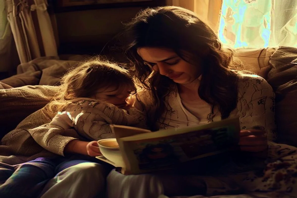 A mother sitting on a sofa with a young child — perhaps 3-6 years old — tucked under her arm, both looking at an open picture book together. The mother's expression is one of genuine, quiet delight: not performed joy but the real thing, slightly surprised. The child is pointing at something on the page. Warm late-afternoon light. A cup of tea going cold nearby. The quality of a moment that was unplanned — caught in the middle of something real rather than staged.