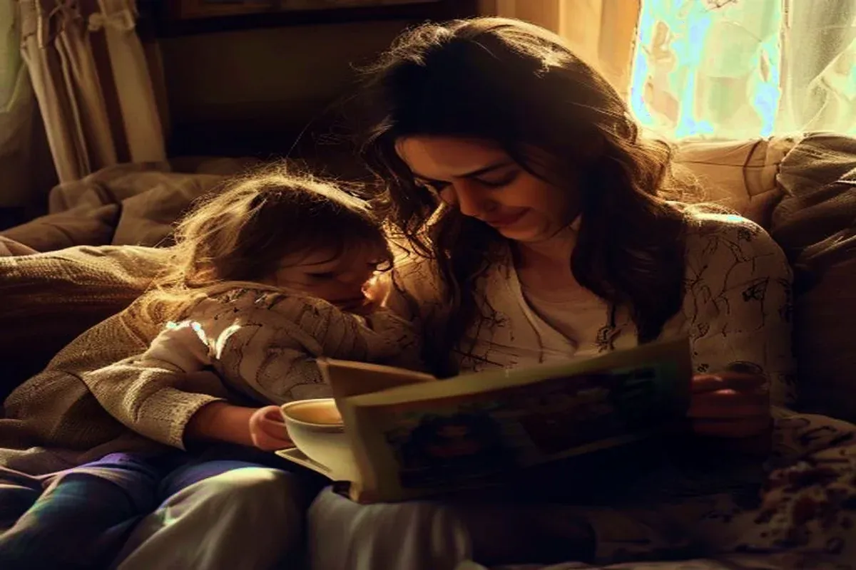 A mother sitting on a sofa with a young child — perhaps 3-6 years old — tucked under her arm, both looking at an open picture book together. The mother's expression is one of genuine, quiet delight: not performed joy but the real thing, slightly surprised. The child is pointing at something on the page. Warm late-afternoon light. A cup of tea going cold nearby. The quality of a moment that was unplanned — caught in the middle of something real rather than staged.