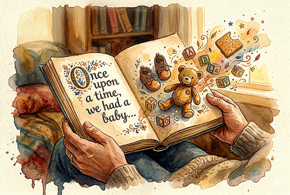 Watercolor illustration of a parent's hands holding an open storybook in their lap on a couch. Left page has ornate hand-lettered text reading 'Once upon a time, we had a baby...' with a decorative illuminated capital O and small floral flourishes. Right page has a teddy bear, tiny baby shoes, and alphabet blocks spilling upward off the page into the air, along with a half-eaten cracker and small stars. Warm brown and gold watercolor palette, cream textured paper background, soft bookshelf in the background, organic paint bleeds and drips at the edges of the composition. Cozy, intimate, nostalgic.