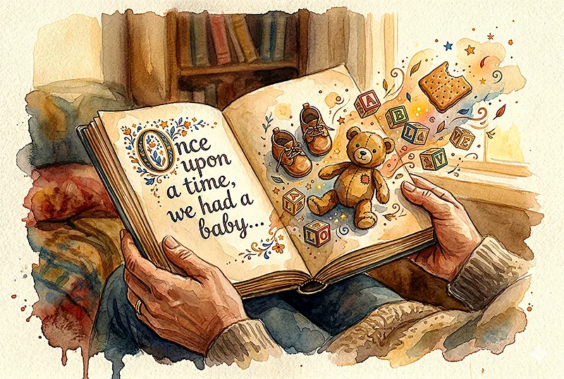 Watercolor illustration of a parent's hands holding an open storybook in their lap on a couch. Left page has ornate hand-lettered text reading 'Once upon a time, we had a baby...' with a decorative illuminated capital O and small floral flourishes. Right page has a teddy bear, tiny baby shoes, and alphabet blocks spilling upward off the page into the air, along with a half-eaten cracker and small stars. Warm brown and gold watercolor palette, cream textured paper background, soft bookshelf in the background, organic paint bleeds and drips at the edges of the composition. Cozy, intimate, nostalgic.