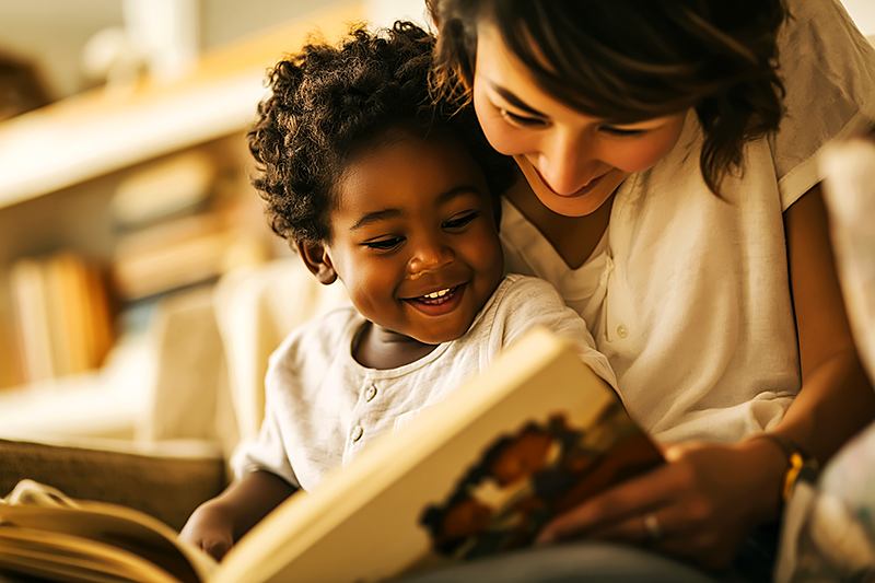 A parent and young child reading together on a cozy sofa, the child nestled against the parent's arm, both looking down at an open storybook with illustrated characters. The child's face shows delight and recognition. Warm afternoon light, a shelf of books in soft focus behind them. Painted illustration style, amber and cream tones, tender and intimate. The image is about belonging, not biology.