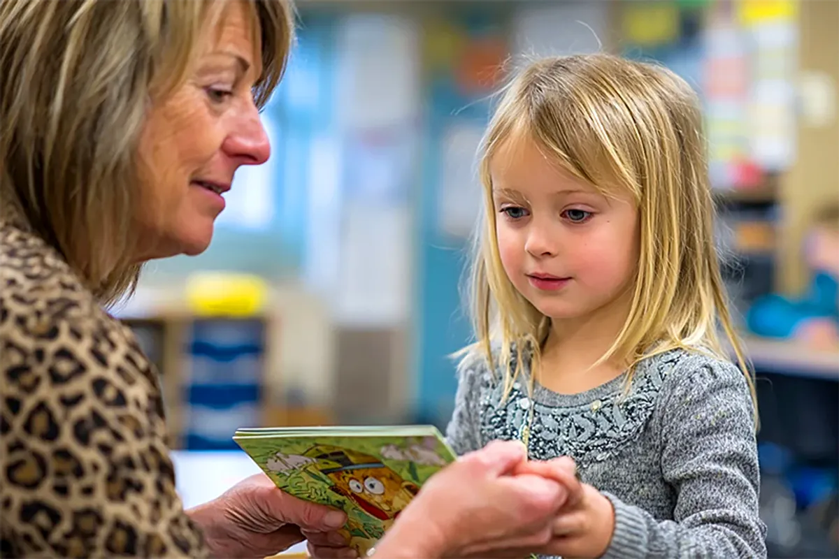 A classroom or school setting. A teacher and a child of about six or seven, at the end of a school day. The teacher is handing the child a picture book with both hands, the way you hand someone something important. The child's face shows that specific expression of disbelief followed by delight. The book's illustrated cover shows a character who looks like the child. The teacher's expression is one of quiet satisfaction: this is exactly the moment they intended.