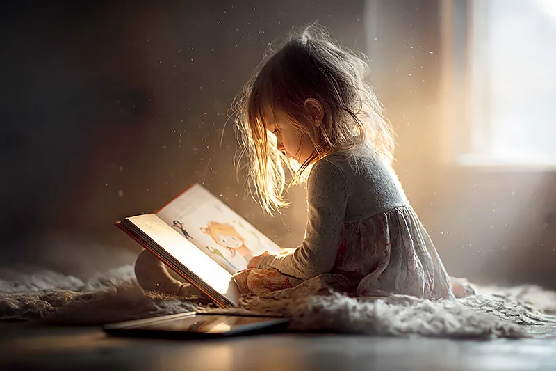 A toddler of around three years old sitting on a soft rug, completely absorbed in an open picture book. A tablet lies screen-down on the floor beside them, forgotten. Warm afternoon light from a nearby window. The child's face is turned toward the book with obvious delight and recognition. The book's illustration is visible — a small character who clearly resembles the child. The contrast between the glowing room and the dark, forgotten screen is quiet but visible. Intimate, warm, a little triumphant.