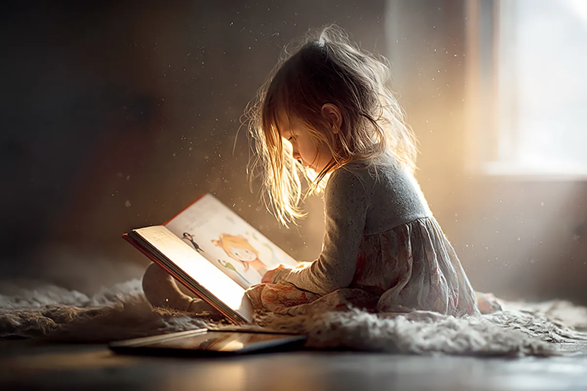 A toddler of around three years old sitting on a soft rug, completely absorbed in an open picture book. A tablet lies screen-down on the floor beside them, forgotten. Warm afternoon light from a nearby window. The child's face is turned toward the book with obvious delight and recognition. The book's illustration is visible — a small character who clearly resembles the child. The contrast between the glowing room and the dark, forgotten screen is quiet but visible. Intimate, warm, a little triumphant.