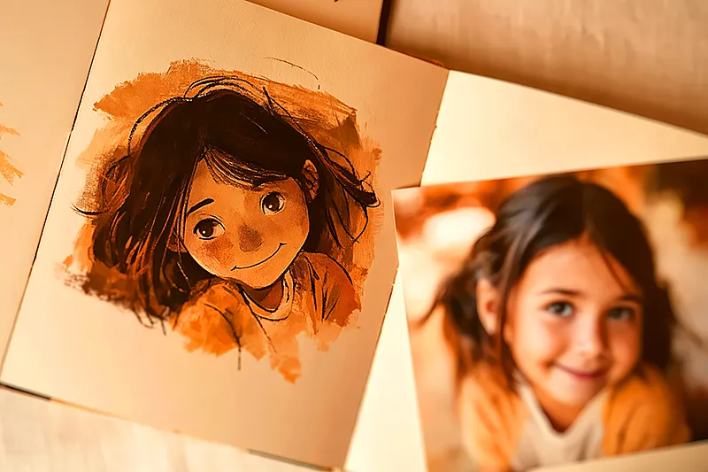 A close-up of an open children's storybook showing an illustrated character that unmistakably resembles a real child — same eyes, same smile, same hair. The illustration style is warm and painterly, not photographic. The child's actual photo sits beside the open book, and the resemblance between photo and illustration is clear but artistically rendered. Soft natural light, cream and amber tones. The magic of seeing your child's face in a story.