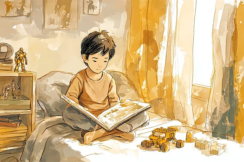 A child around seven years old, sitting cross-legged on a bed with an illustrated storybook open in their lap, completely absorbed. The room shows the texture of an energetic child's life — a half-built Lego set, some action figures on a shelf, a football by the door. But the child is still. Their eyes are moving across the page. Warm late-afternoon light through curtains. Watercolor illustration style in amber, sage, and cream. The stillness is the point of the image.