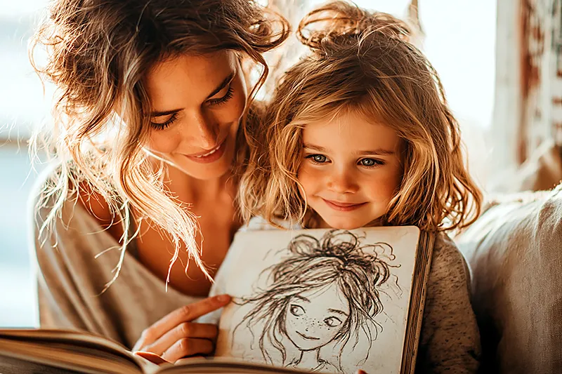 An Australian family scene — a parent and child sitting together on a verandah or in a bright, sunny living room, the light distinctly warm and southern-hemisphere. The child, around four or five years old, is holding a picture book open, pointing at an illustrated character on the page who clearly resembles them. The parent is leaning in, sharing in the delight. Relaxed, warm, weekend-morning atmosphere. The quality of an ordinary Australian home that is also full of joy and love.