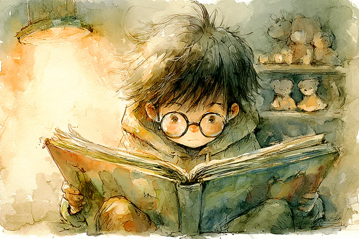 A child around eight years old sitting in a cosy reading corner, looking intently at an illustrated storybook held open in both hands. The child wears small round glasses and a favourite hoodie. The room is calm and well-ordered with soft lighting — a lamp, no harsh overhead lights. A few carefully arranged plush toys on a shelf behind them. The book is large and colourful. The child is completely absorbed. Watercolor illustration style in sage, amber, and soft cream tones. The quality of the light and the child's posture conveys deep focus rather than tension.