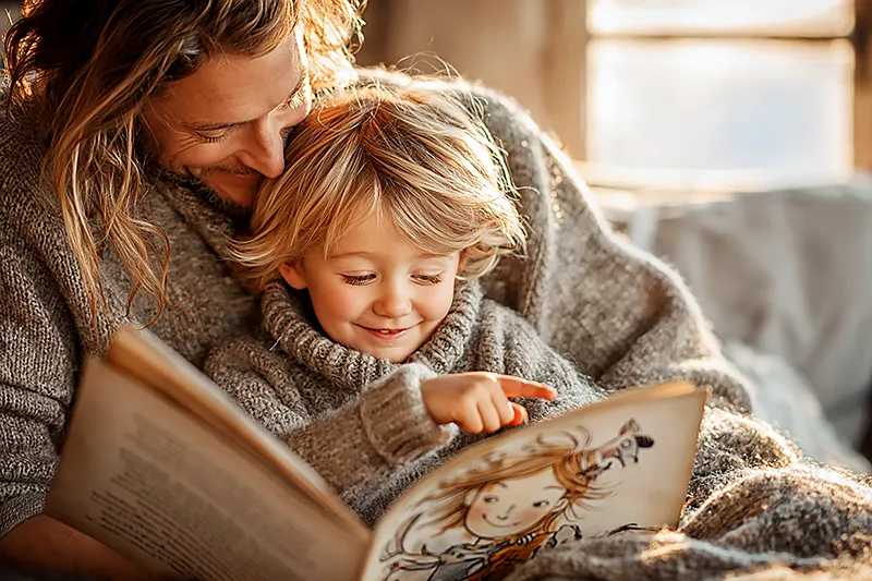 A Canadian family scene — a parent and child of around four or five, sitting together in a warm living room. The light has the quality of a Canadian autumn or winter afternoon, soft and golden through the window. The child is holding an open picture book, pointing at an illustrated character on the page who clearly resembles them. The parent is leaning in, sharing in the delight. A comfortable, loved home. The mood is one of unhurried warmth and genuine connection.