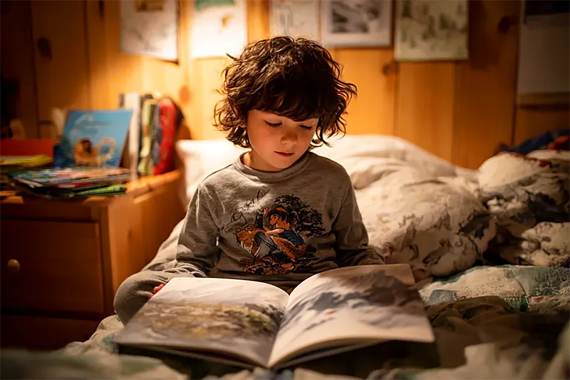 A child of around 5-7 years old sitting on a bed in a room that has the quality of a child's settled, personal space — their things around them, their particular sense of home visible in the small details. They are absorbed in a picture book, expression one of calm concentration. The book's pages show a character who looks just like them in a scene of adventure and capability. The room is warm and lit softly. The atmosphere is one of quiet safety, of a child in their own world. No adults visible — this is the child's private moment with their story.