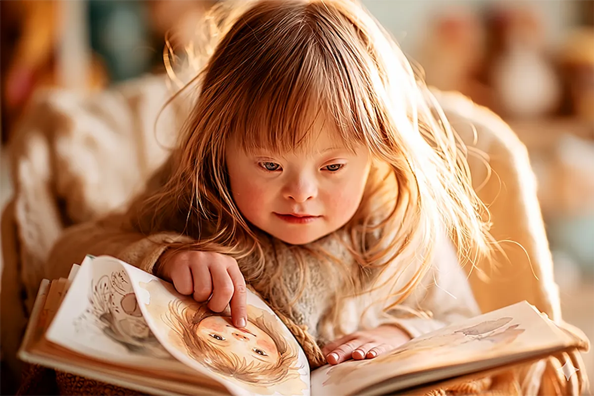 A child with Down syndrome, around five years old, sitting comfortably in a cozy reading chair with a picture book open in their lap. The book's visible pages show an illustrated character who clearly resembles them — same features, same joyful expression. The child is absorbed in the story, one finger tracing the illustration. Warm afternoon light. The room is full of their particular character — toys they like, colors they've chosen, their settled ownership of the space. The atmosphere is one of a child in their own world, entirely themselves.