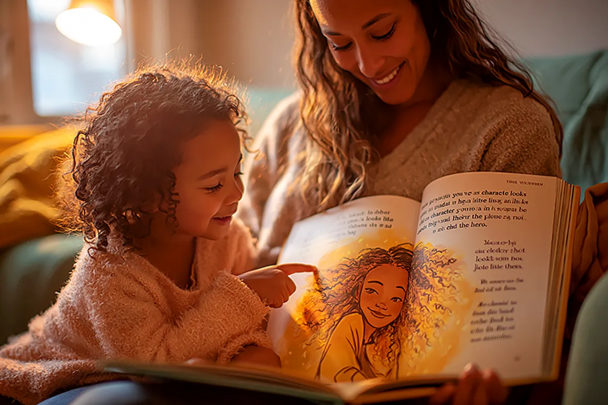 A four-year-old child sitting on a parent's lap, both of them looking at an open picture book together. The child is pointing at an illustrated character on the page with obvious recognition and delight — the character looks just like them. The parent is smiling down at the child's reaction. Warm, cozy home setting — soft light through a window, a comfortable armchair. The scene captures the precise moment of a child recognizing themselves as the hero.