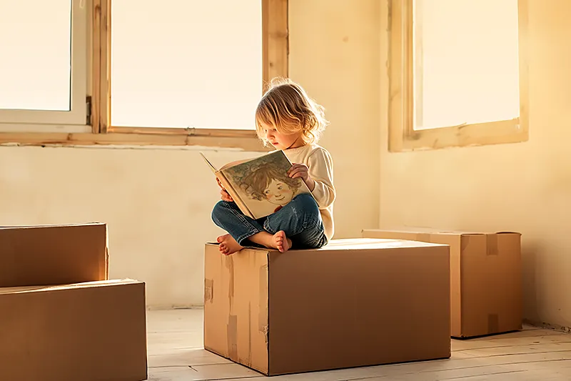 A child sitting on a cardboard moving box in an empty room with warm afternoon light streaming through bare windows. They are reading a personalized hardcover picture book, completely absorbed. A few packing boxes surround them. Soft, warm tones — honey light, cream walls, natural cardboard. The book's illustrated cover shows the child's face. Calm, gentle, editorial photography style.