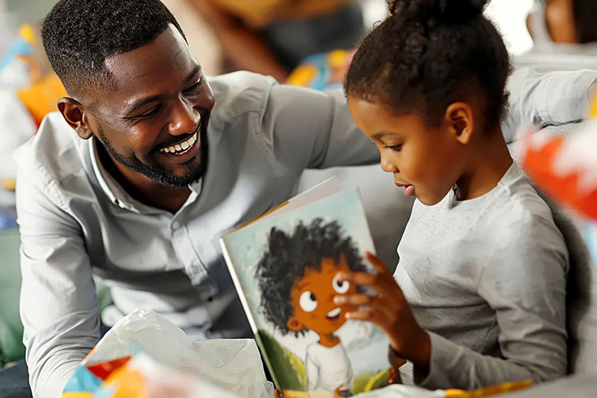 An uncle — late 20s or 30s, relaxed and slightly mischievous energy — sitting with a child of around 4-6 on a couch. The child has just opened a wrapped gift and is holding a picture book, looking at it with wide eyes. The uncle is watching the child's reaction with obvious delight. The book's cover shows an illustrated character who clearly resembles the child. The atmosphere is celebratory and slightly chaotic — birthday wrapping paper around, other family members softly visible. The uncle's expression is of someone who knows they got it right.