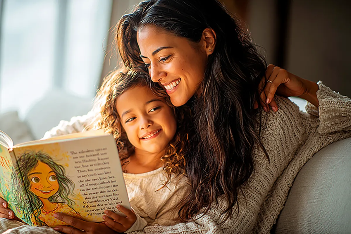 A woman in her 30s — warm, clearly someone who arrived with intention — sitting with a young child of around 3-5 on a sofa. The child has just opened a gift and is holding a picture book open, looking at it with wide eyes and an expression of recognition. The woman — her godmother — has one arm loosely around the child, watching her reaction with obvious love and satisfaction. The book's cover shows an illustrated character who looks just like the child. Soft natural light, a celebratory atmosphere. A moment of connection between two people who chose each other.