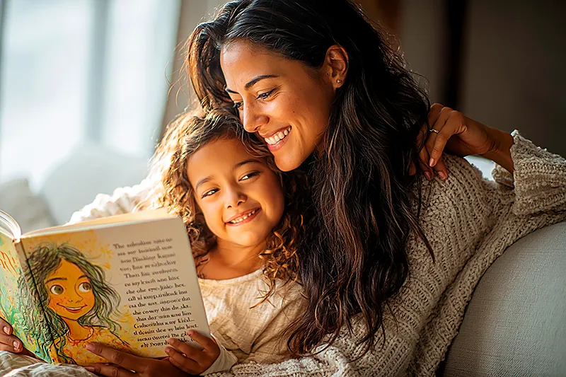 A woman in her 30s — warm, clearly someone who arrived with intention — sitting with a young child of around 3-5 on a sofa. The child has just opened a gift and is holding a picture book open, looking at it with wide eyes and an expression of recognition. The woman — her godmother — has one arm loosely around the child, watching her reaction with obvious love and satisfaction. The book's cover shows an illustrated character who looks just like the child. Soft natural light, a celebratory atmosphere. A moment of connection between two people who chose each other.