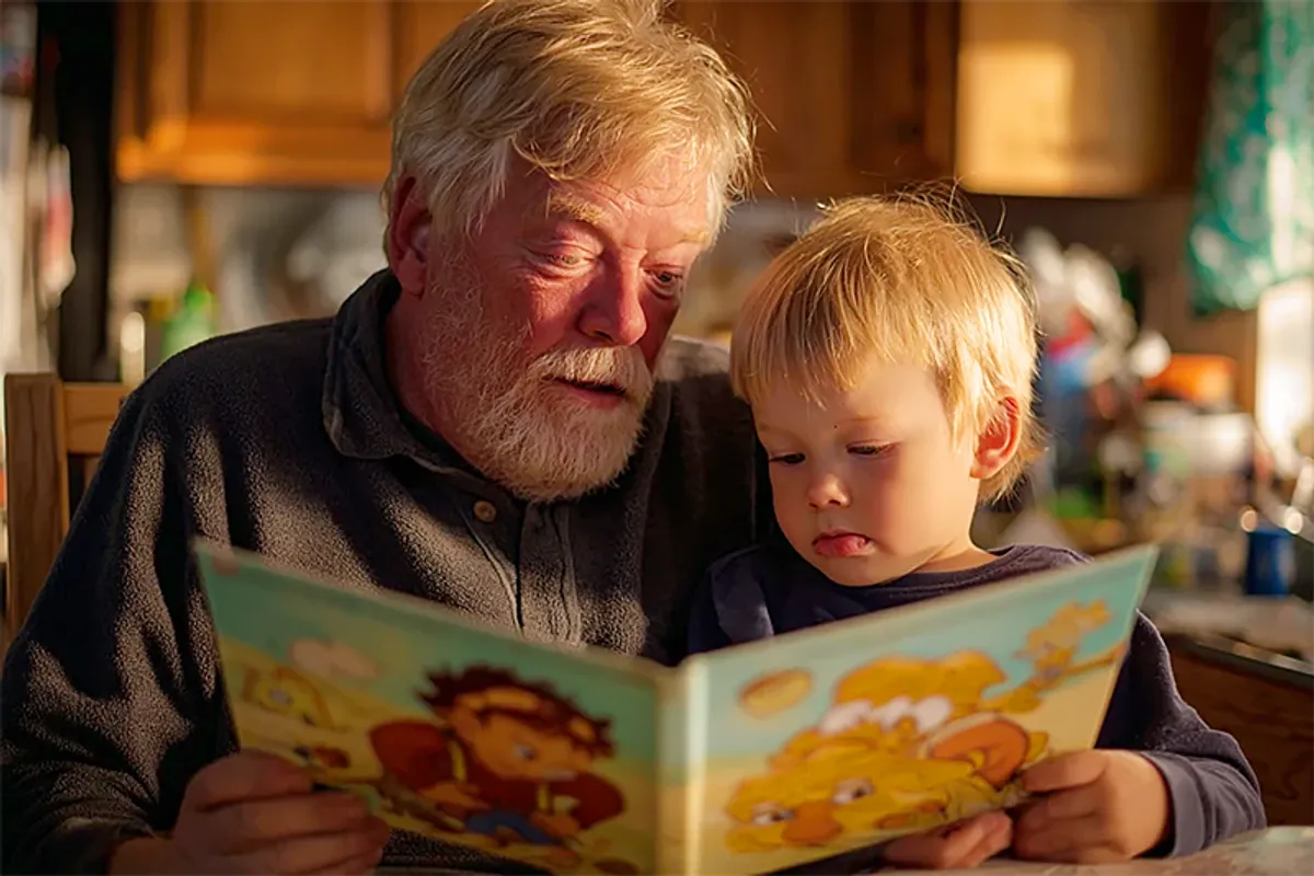 A grandfather — the kind of man who arrived with purpose — sitting with a young grandchild of around four or five at a kitchen table or in a comfortable armchair. The child has just opened a gift and is staring at a picture book with wide, completely absorbed eyes. The grandfather has one arm around the child, watching their reaction with a quiet, deeply pleased expression — someone who knows they got it exactly right. The book's cover shows an illustrated character who looks just like the child. Warm afternoon light, a well-lived-in home.