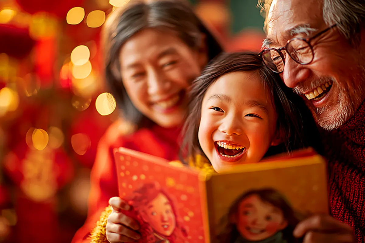 A Chinese or East Asian family scene during Lunar New Year — a child of four or five surrounded by warmth, festivity, red and gold decoration. The child is holding a picture book with both hands, face lit with pure delight, staring at an illustrated character who looks exactly like them — same features, same expression. A grandparent or parent is nearby, watching with the deep satisfaction of someone who gave the right gift. The scene has the quality of a celebration moment: color, warmth, the sense of everyone being together for something that matters.