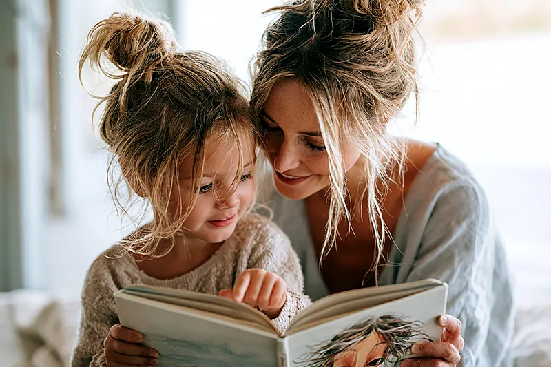 A New Zealand family scene — a parent and child of around four or five, sitting together outside or in a bright, light-filled room with the quality of a New Zealand summer afternoon. The child is holding a picture book open with both hands, pointing excitedly at an illustrated character who looks just like them. The parent is leaning in with delight. The atmosphere is warm, relaxed, and distinctly Southern Hemisphere — bright light, open space, the feel of a long summer day. A loved and lived-in family home.