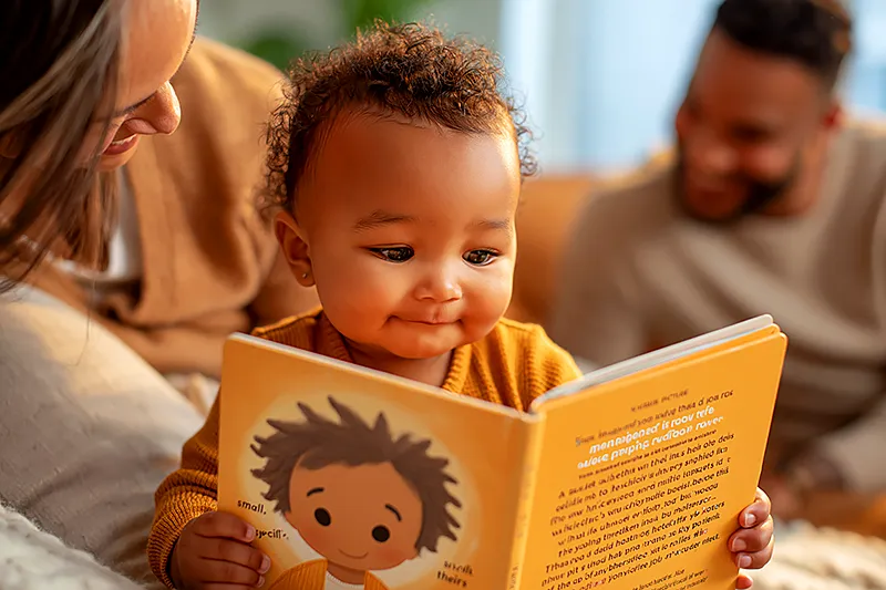 A baby or young toddler of around one to two — healthy, bright-eyed, full of presence — sitting in a warm, joyful home setting. A parent or both parents are nearby, watching with the particular quality of attention of people who know what it took to get here. The child holds or is shown a picture book whose illustrated cover shows a character with the child's features — small, specific, theirs. The atmosphere is celebratory, warm, saturated with relief and joy. Natural light. A sense of having arrived.