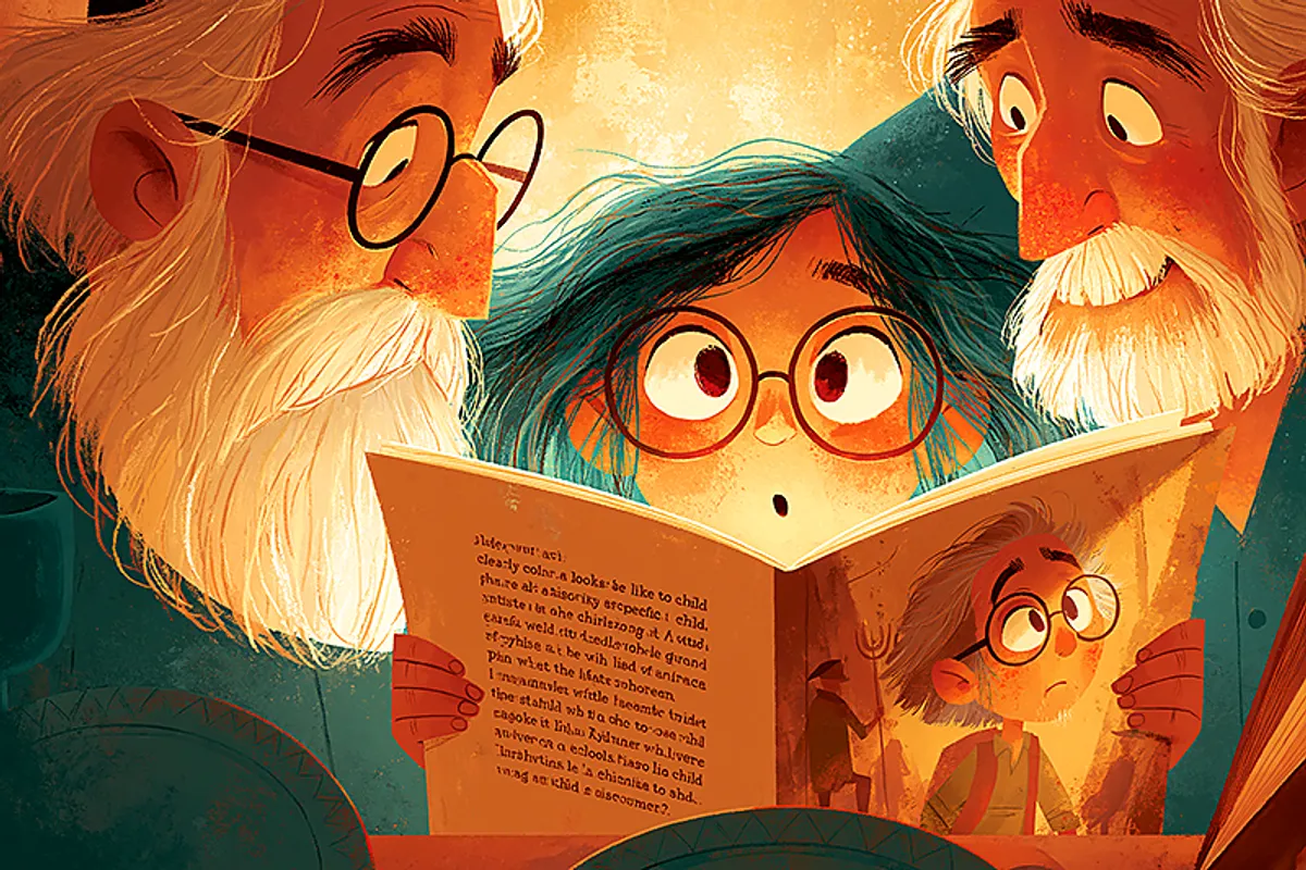 A Jewish family at a seder table or in a warm home — a child of around four to seven sitting with a parent or grandparent, holding a picture book open with wide, excited eyes. The book's illustrated pages show a character who clearly looks like this specific child — same features, same expression — in a scene of adventure and discovery. A seder plate or Haggadah may be visible nearby. The setting is warm, celebratory, the deep golden light of a festive night. An expression of pure absorption and delight on the child's face.