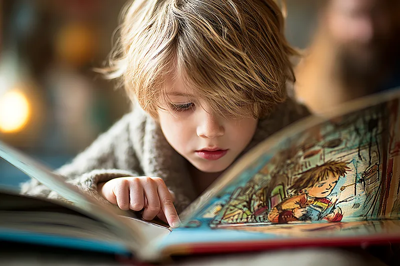 A child of about five or six — watchful, perceptive, present in the way only quiet children can be — sitting in a safe, familiar home space with a picture book open on their lap. The child is completely absorbed, running one finger along the illustrated page, where a character who looks exactly like them is shown in an adventurous scene — clearly bold, clearly the hero, clearly doing something important. The child's expression is one of deep, private satisfaction. A parent is in the background, at some distance, watching with quiet pride. The quality of the scene is: this child is entirely at home in themselves, in this moment.
