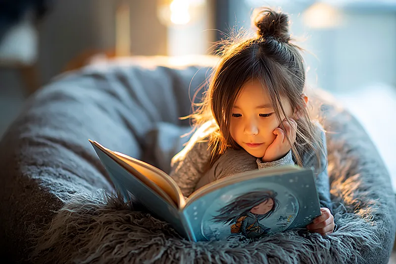 A child of around four to six, settled and absorbed in a comfortable, familiar space — a beanbag, a cozy corner, a specific spot in a bright room that is clearly theirs. They are holding a picture book open, completely focused on the pages, which show a character who looks exactly like them in an adventure scene. Their expression is one of deep, easy engagement — not effortful attention, but the natural absorption of a child in something they love and find completely safe. Warm, clear light. The room is theirs. Everything is calm.