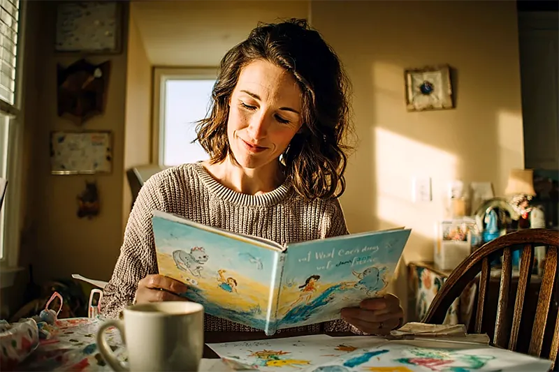 A mother sitting at a kitchen table, holding a small hardcover children's book — clearly personalized, with illustrated cover art. The book is open in her lap. On the table beside her: a cold cup of coffee, a child's drawing, the general scattered evidence of family life. She is looking at the page with an expression of quiet surprise, the kind that's not performed. Morning light from a window. The mood is not celebratory — it's private. Something real just landed.