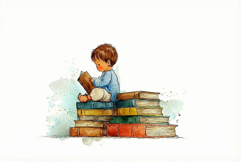 An extreme close-up of a baby's ear, soft and warmly lit in amber light, with a blurred parent's hand holding an open book in the background. The ear is the focal point. Intimate, macro-lens feel, warm amber and cream palette. The mood is stillness with hidden activity. Painterly, soft, luminous.