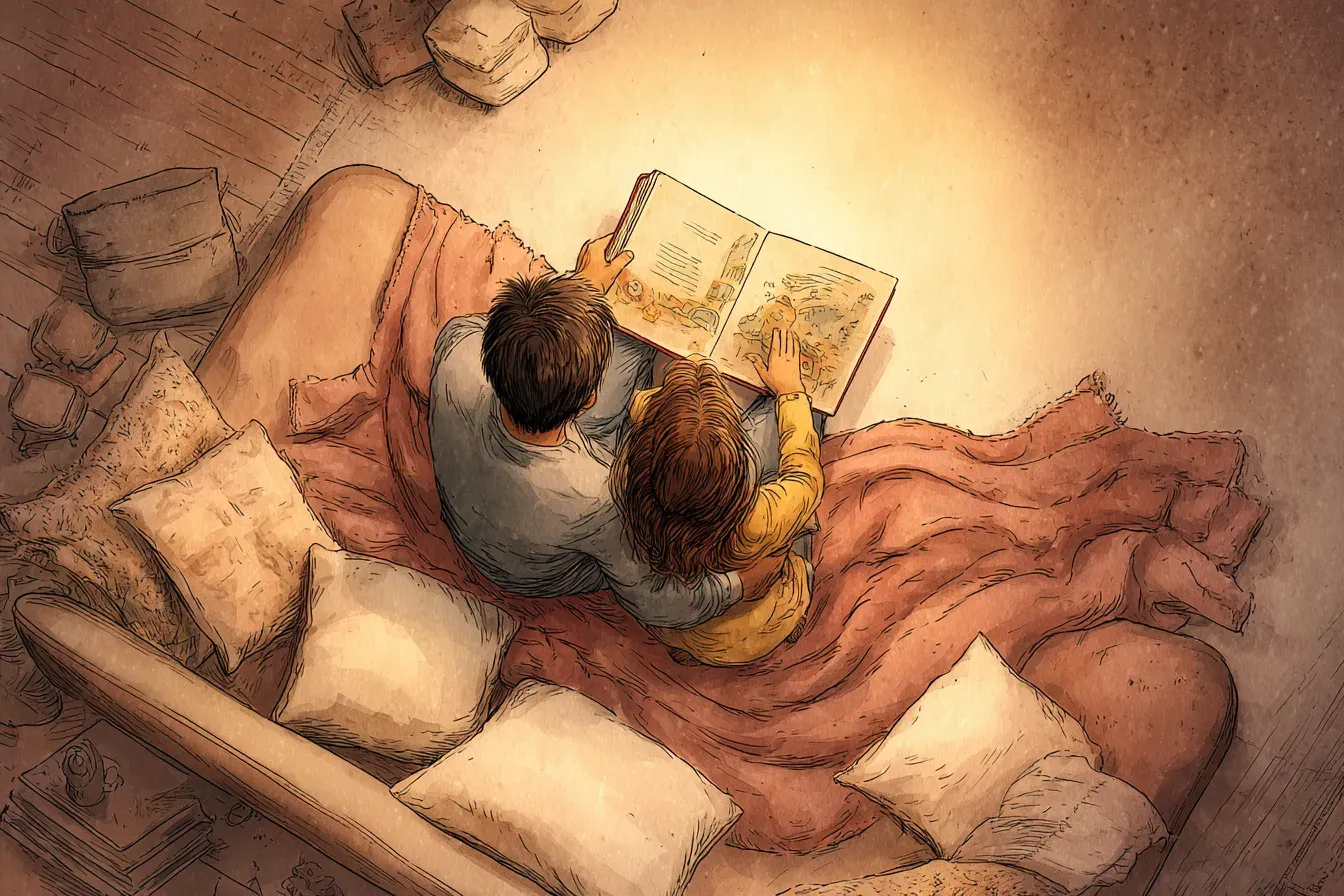 A parent and child on a cozy couch, seen from slightly above. The child points at something in an open illustrated book while the parent leans in to look. Soft lamplight creates an intimate circle around them. Blankets, pillows, warmth. The moment of connection over a page. Soft watercolor style, warm amber and cream tones.