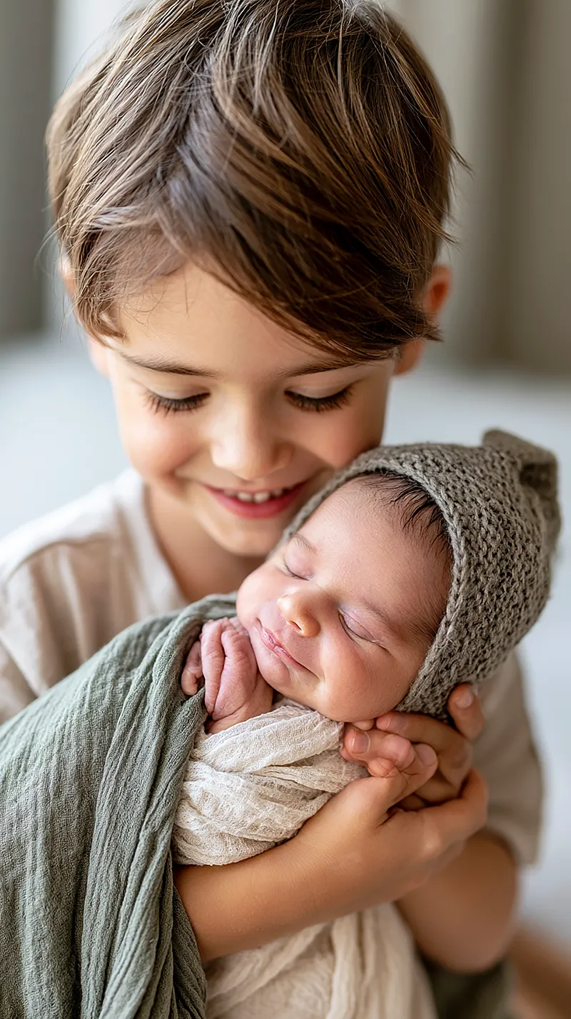 An older sibling and a newborn together at the beginning of their story — the first moment of a relationship that becomes a lifetime.