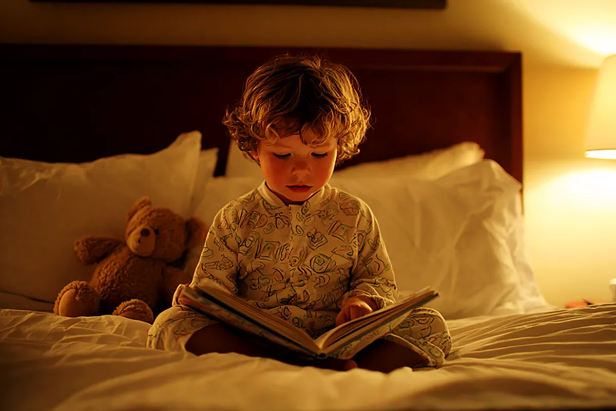 A three-year-old in pajamas sitting cross-legged on a bed, holding a storybook open on their lap. A warm pool of lamplight on the bed. The room is calm and dim around them. A stuffed animal tucked nearby. The child's face is focused on the page, not looking at the camera. The light says bedtime. The posture says safe. Painterly, warm, emotionally soft.