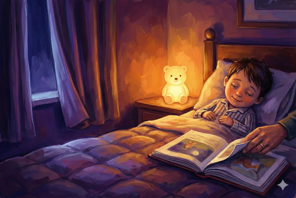 A child in pajamas tucked into bed, a storybook open on the covers, a soft nightlight glowing on the bedside table. The child's eyes are getting heavy, a small smile on their face. A parent's hand visible at the edge of the frame, turning a page. Deep blue evening light through curtains mixed with warm lamplight. Peaceful, drowsy, safe.
