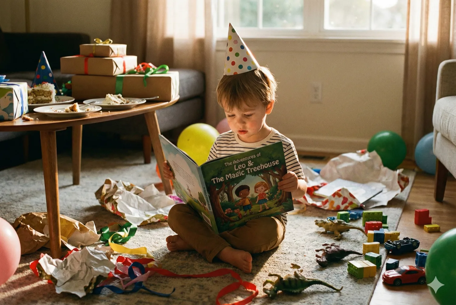 A birthday party aftermath: wrapping paper scattered on the floor, toys piled on a table, but in the foreground a child sits quietly apart, completely absorbed in reading a personalized storybook. Party hat still on, cake crumbs forgotten. The moment of finding something real among the chaos. Warm, slightly nostalgic light.
