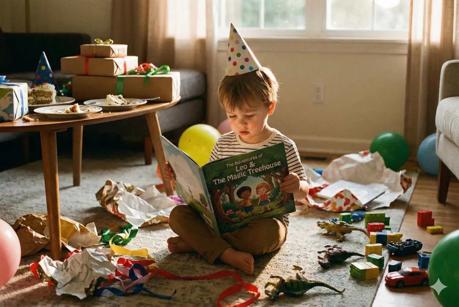 A birthday party aftermath: wrapping paper scattered on the floor, toys piled on a table, but in the foreground a child sits quietly apart, completely absorbed in reading a personalized storybook. Party hat still on, cake crumbs forgotten. The moment of finding something real among the chaos. Warm, slightly nostalgic light.