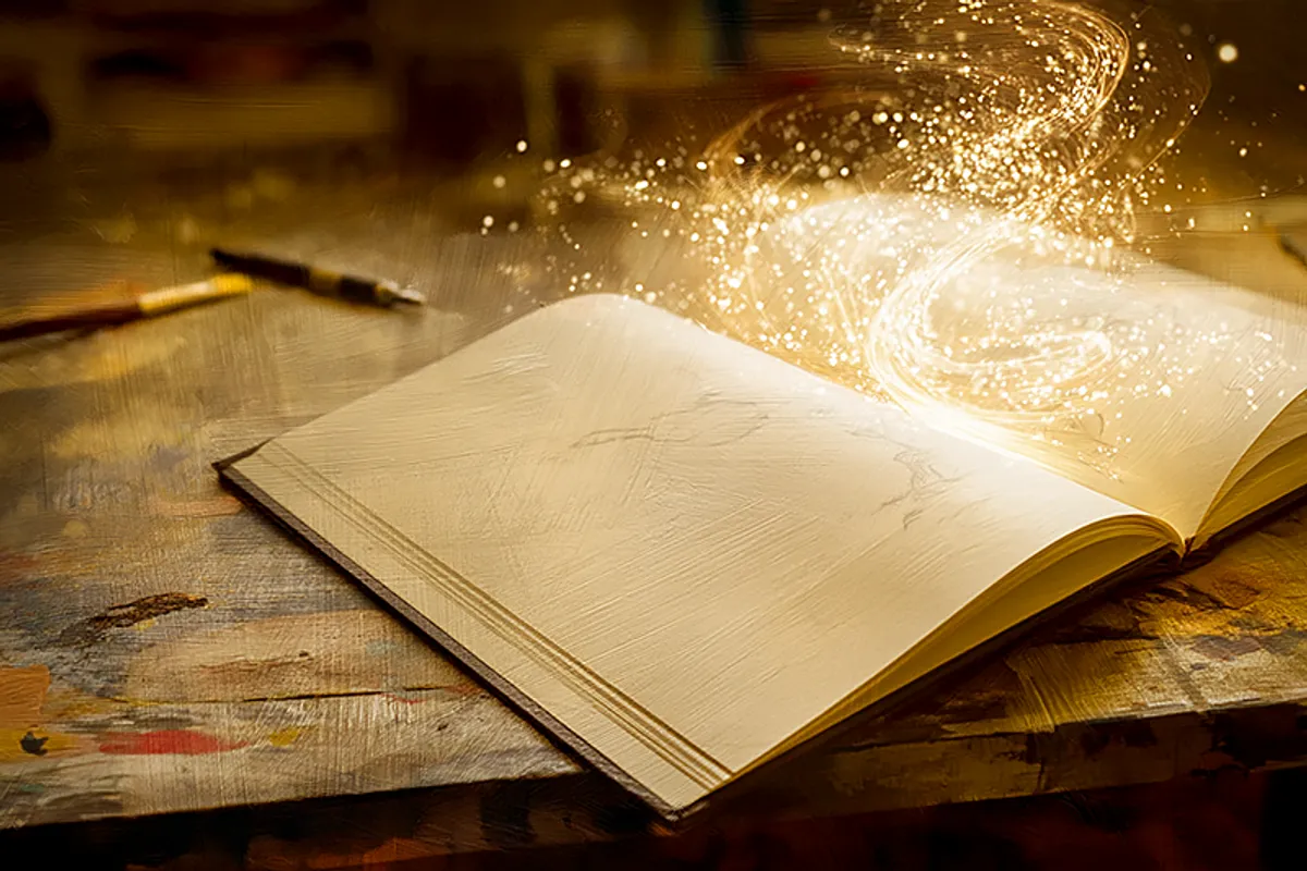 An open children's storybook lying on a workbench, with faint traces of words and illustrations materializing on the blank pages as if being written by invisible hands. Soft magical light emanates from the pages. Around the book, subtle tools of creation: a pen, a paintbrush, a tiny glowing screen. Painterly, warm, mysterious.