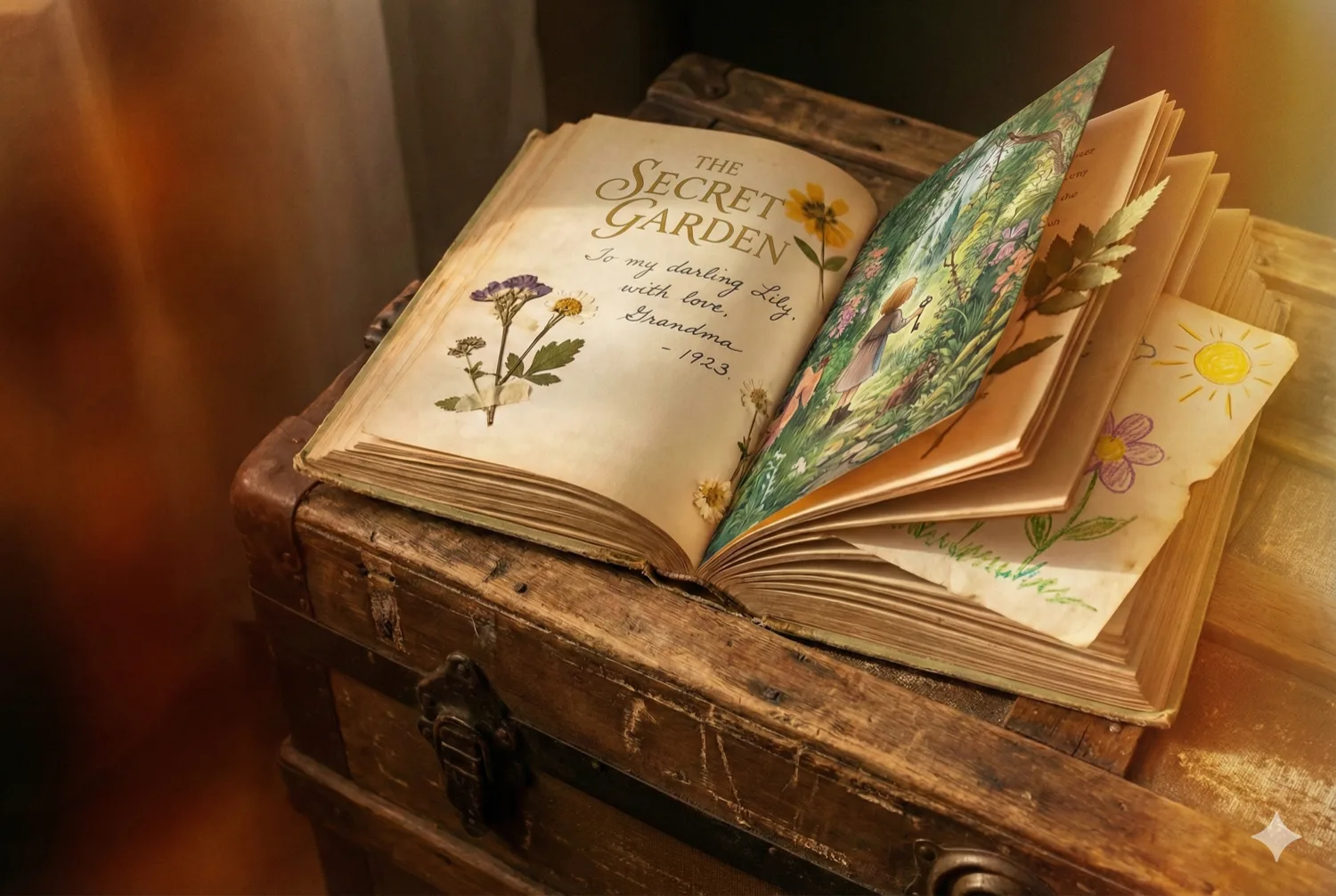 A worn, well-loved children's book lies open on an antique wooden trunk, its pages soft with age. Pressed flowers mark favorite passages. Afternoon light falls across handwritten inscription visible on the first page. A child's drawing tucked between pages. Nostalgic, tender atmosphere. Soft focus, warm sepia-touched palette.
