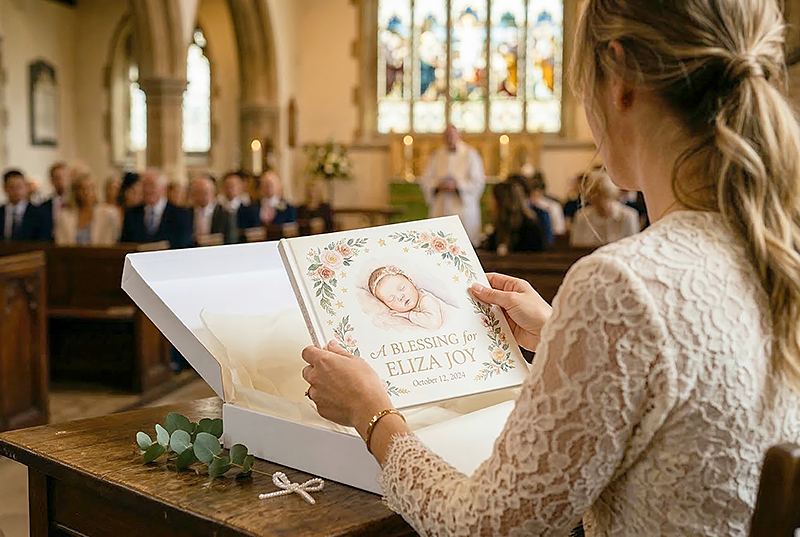 A christening scene from behind: a godparent's hands placing a beautifully illustrated personalized children's book into a white gift box lined with tissue paper. Soft church window light in the background, cream and gold palette, the book cover shows a watercolor portrait of a baby. Intimate, reverent, warm. Painterly style, shallow depth of field.