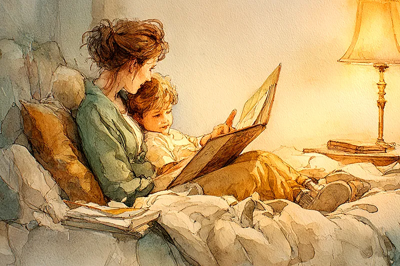 A warm, painterly watercolor scene of a mother sitting on a bed with a young child curled in her lap. The child holds an open picture book, pointing at an illustration. Soft golden lamp light, rumpled blankets, a feeling of quiet intimacy and closeness. Muted sage and cream tones with touches of blush. No text. No faces fully visible. The focus is on the gesture between them: the small hand pointing, the mother's head tilted close.