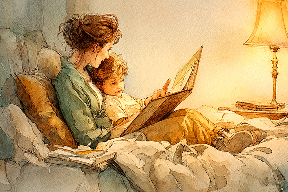 A warm, painterly watercolor scene of a mother sitting on a bed with a young child curled in her lap. The child holds an open picture book, pointing at an illustration. Soft golden lamp light, rumpled blankets, a feeling of quiet intimacy and closeness. Muted sage and cream tones with touches of blush. No text. No faces fully visible. The focus is on the gesture between them: the small hand pointing, the mother's head tilted close.