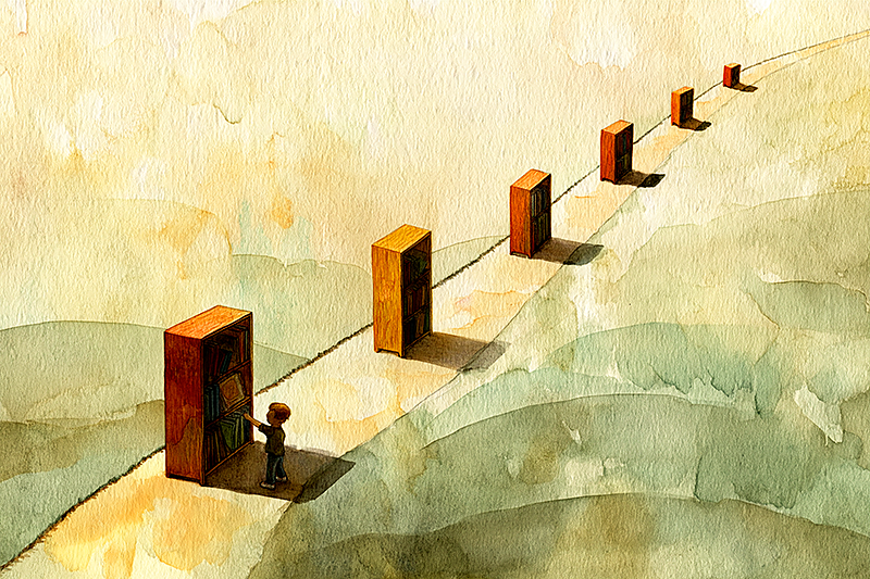 Watercolor illustration of a winding path through gentle rolling hills, with six small wooden bookshelves placed along the path at intervals, each holding different sized books that grow progressively larger. A tiny child at the start of the path reaches for a chunky board book, while the path leads into the distance past picture books, early readers, and chapter books. Soft morning light, sage green and warm cream palette, organic watercolor bleeds, whimsical but grounded, top-down slightly tilted perspective.